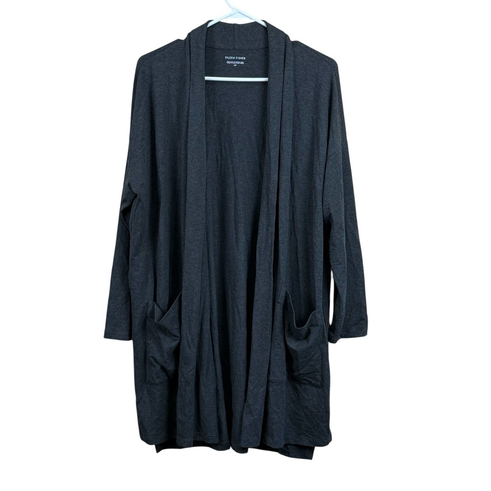 Eileen Fisher Open Front Cardigan Long Duster Charcoal Grey Pockets Women Size S